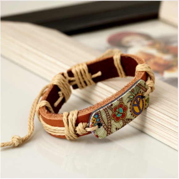Boho Gypsy Peace Vintage Leather Bangle Bracelet - Picture 6 of 6